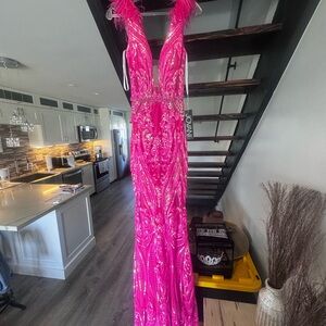 Hot Pink Beaded Evening Gown with Ostrich Feathers
